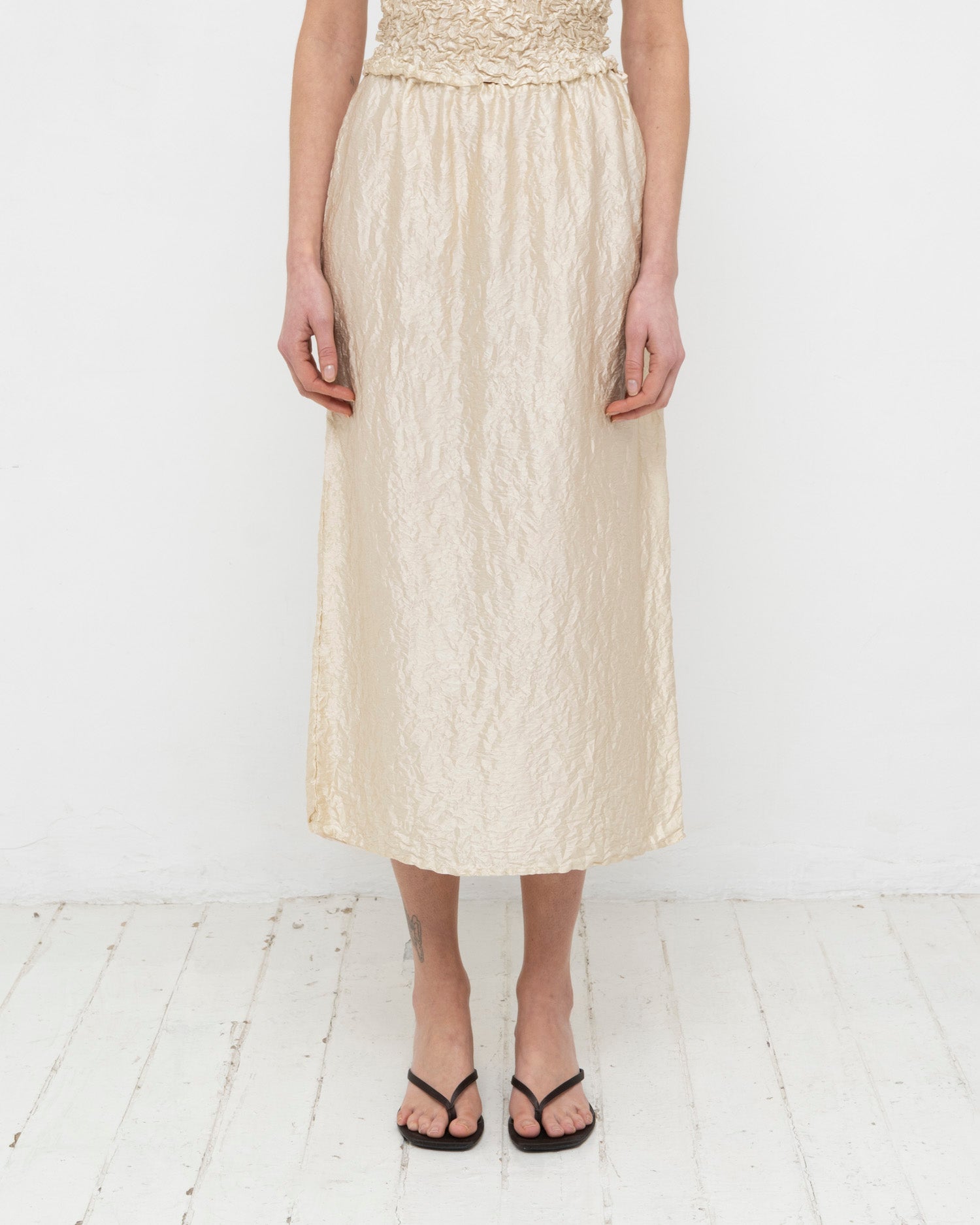 Crumpled Satin Silk Long Skirt