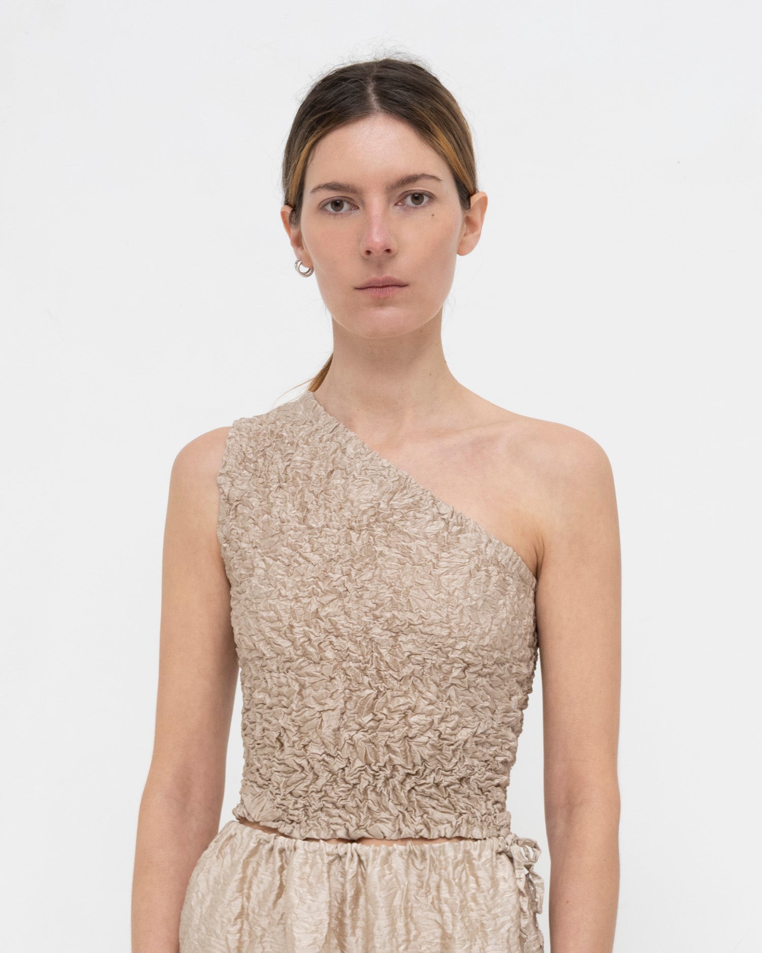 Crumpled Satin Silk One-shoulder Top