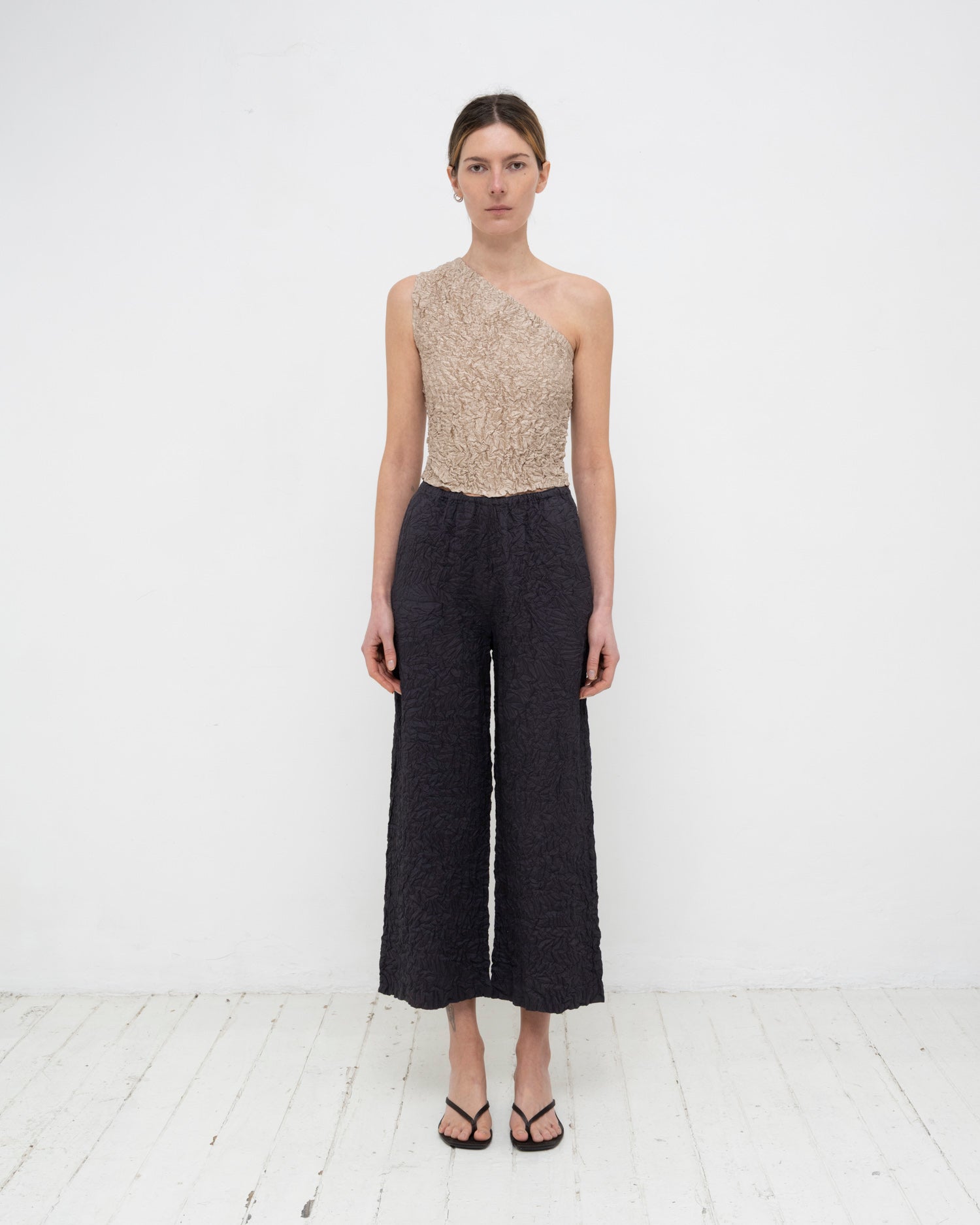 Crumpled Satin Silk One-shoulder Top
