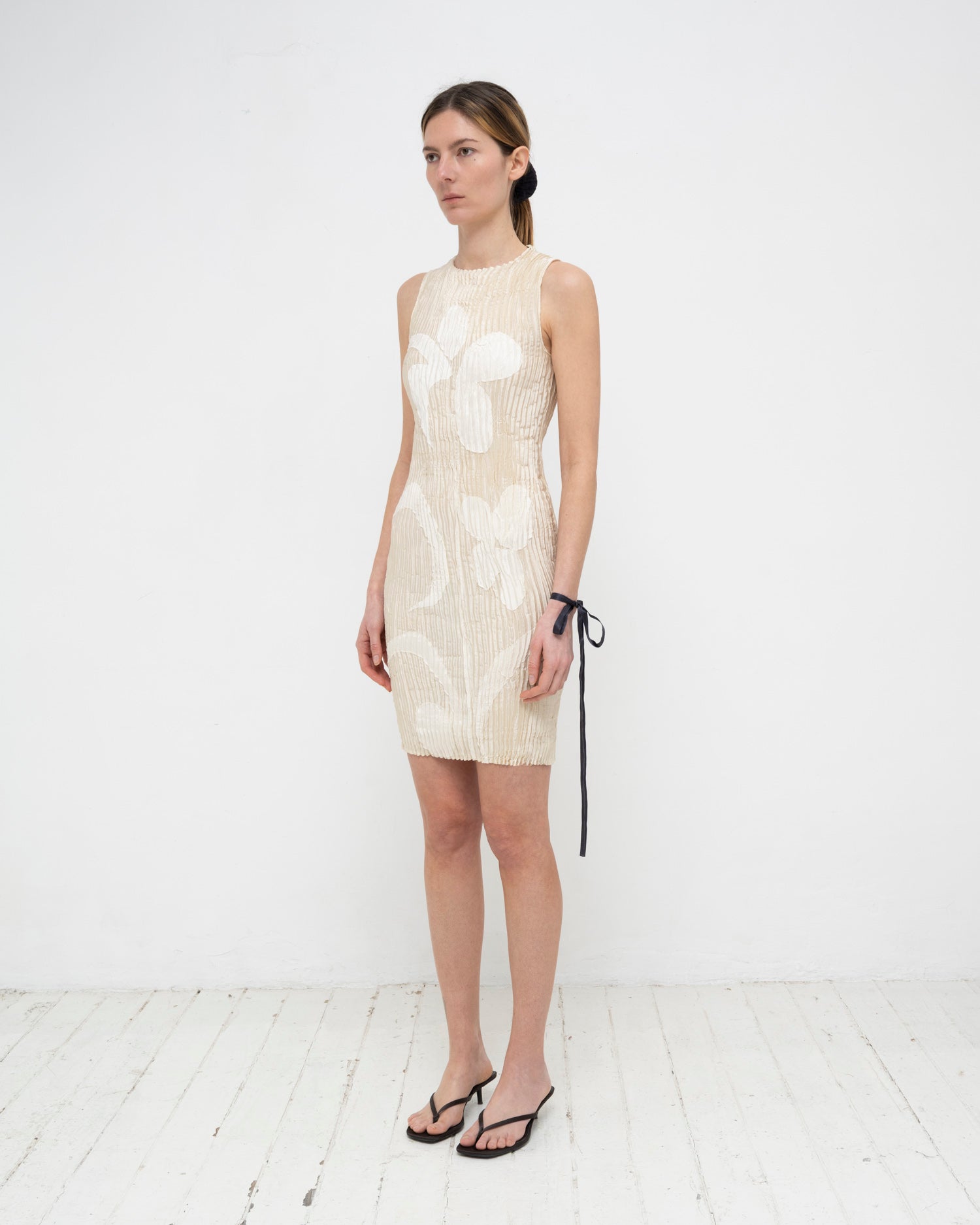 Plissé Satin Silk Appliqué Tank Short Dress