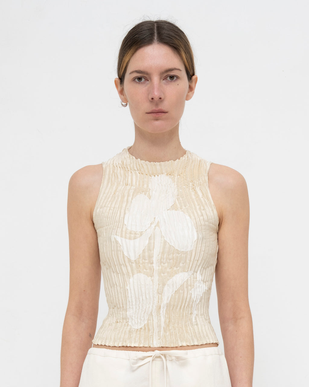 Plissé Satin Silk Appliqué Tank Top