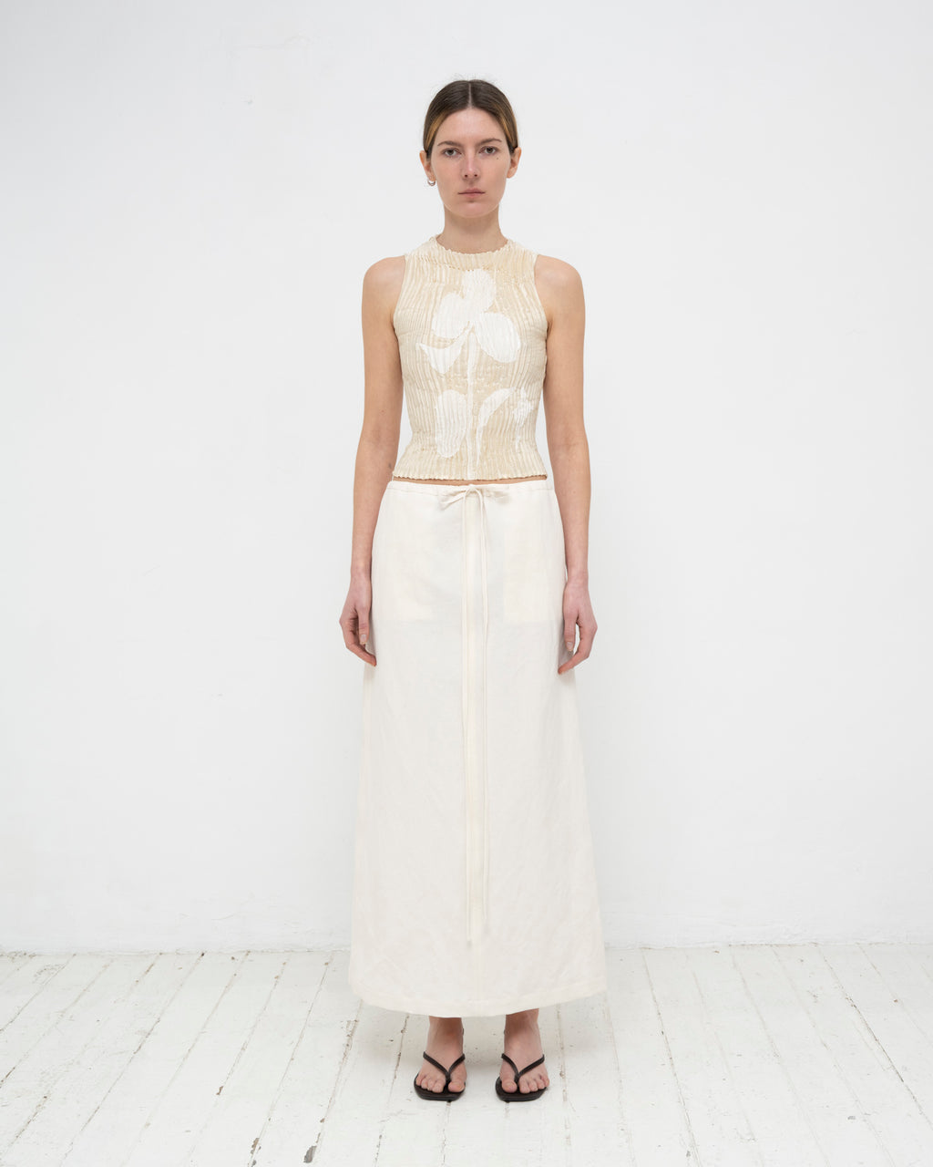 Plissé Satin Silk Appliqué Tank Top