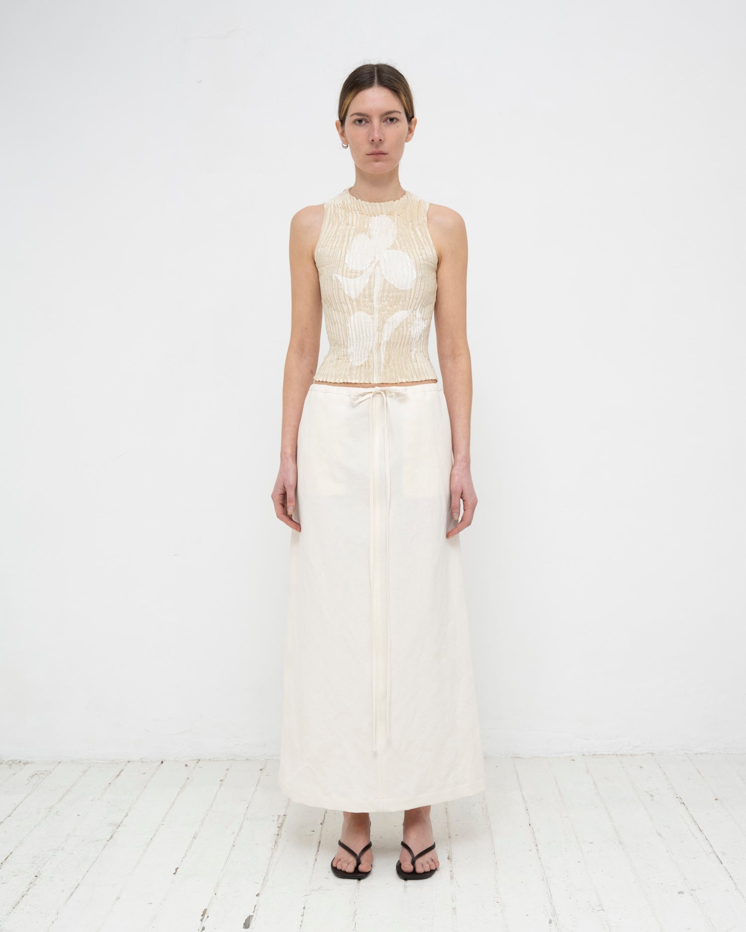 Plissé Satin Silk Appliqué Tank Top