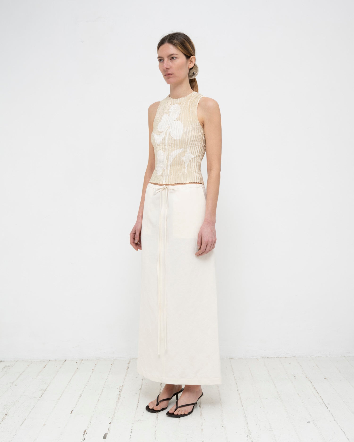 Plissé Satin Silk Appliqué Tank Top