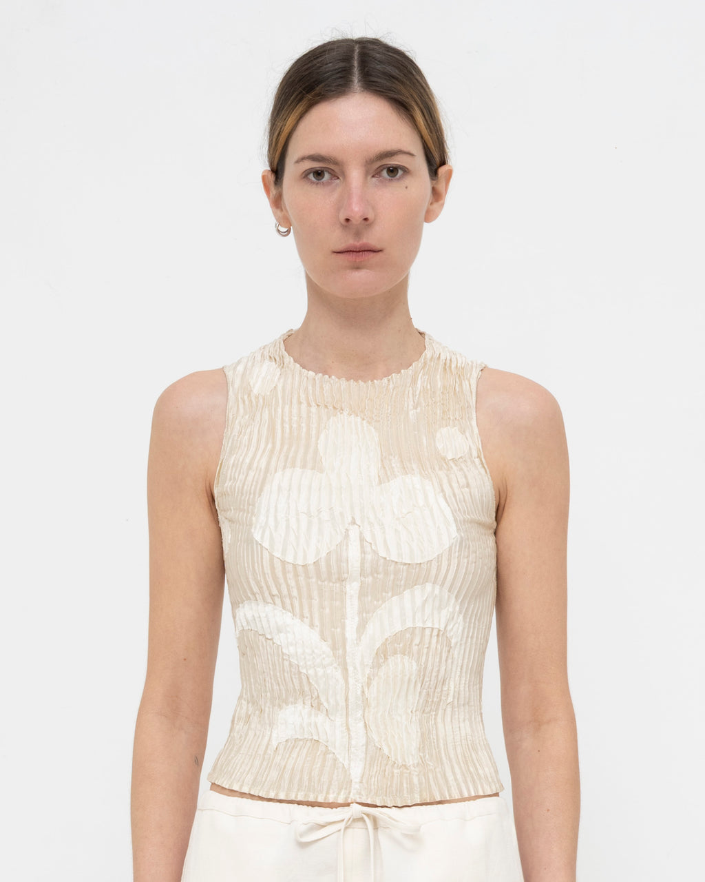 Plissé Satin Silk Appliqué Tank Top