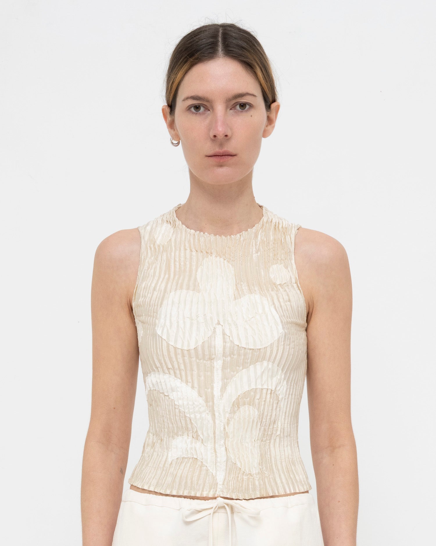 Plissé Satin Silk Appliqué Tank Top