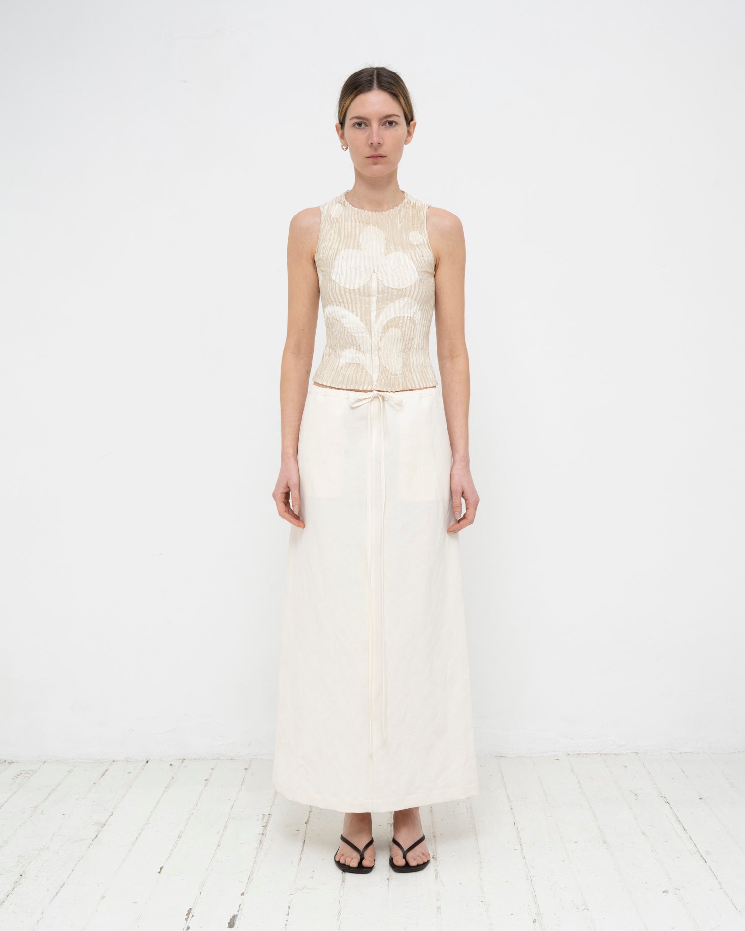 Plissé Satin Silk Appliqué Tank Top