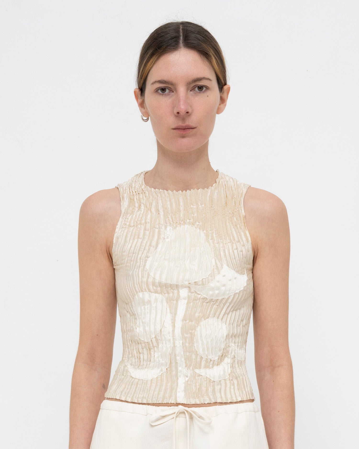 Plissé Satin Silk Appliqué Tank Top