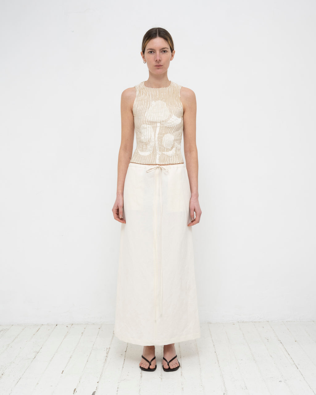 Plissé Satin Silk Appliqué Tank Top