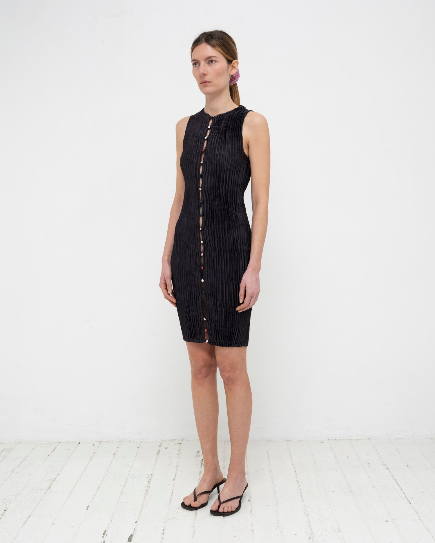 Plissé Satin Silk Buttoned Short Dress