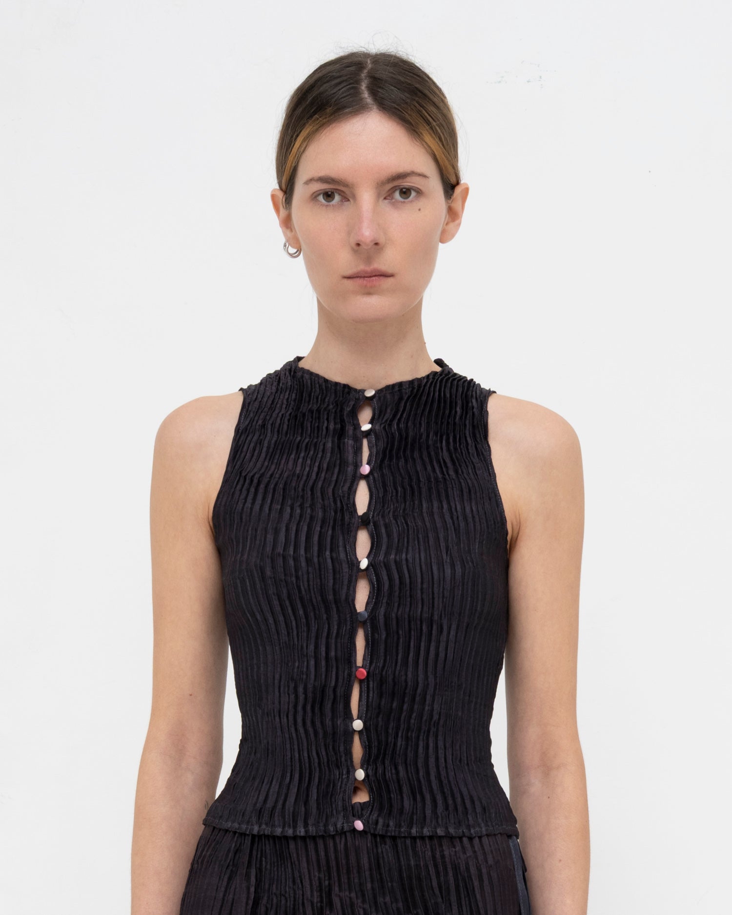Plissé Satin Silk Buttoned Top
