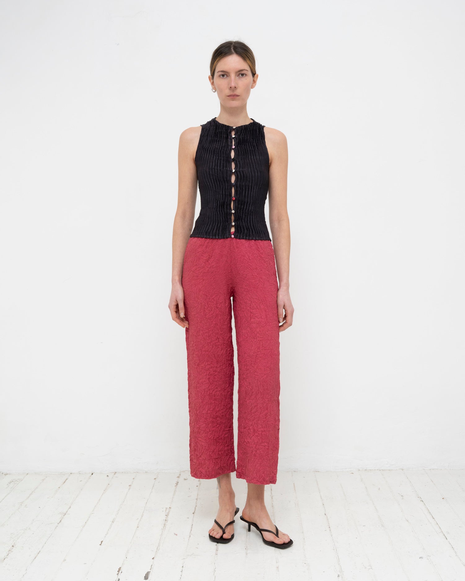 Plissé Satin Silk Buttoned Top