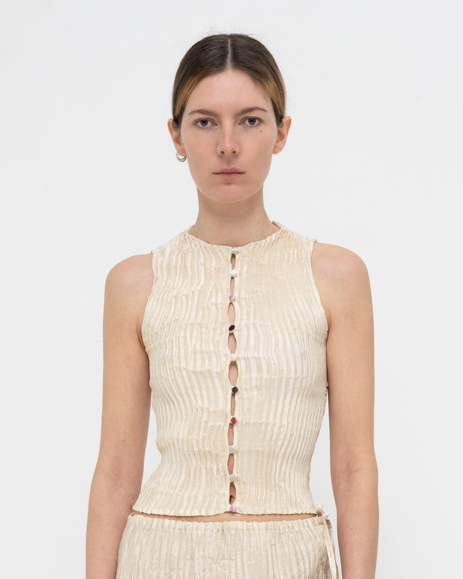 Plissé Satin Silk Buttoned Top