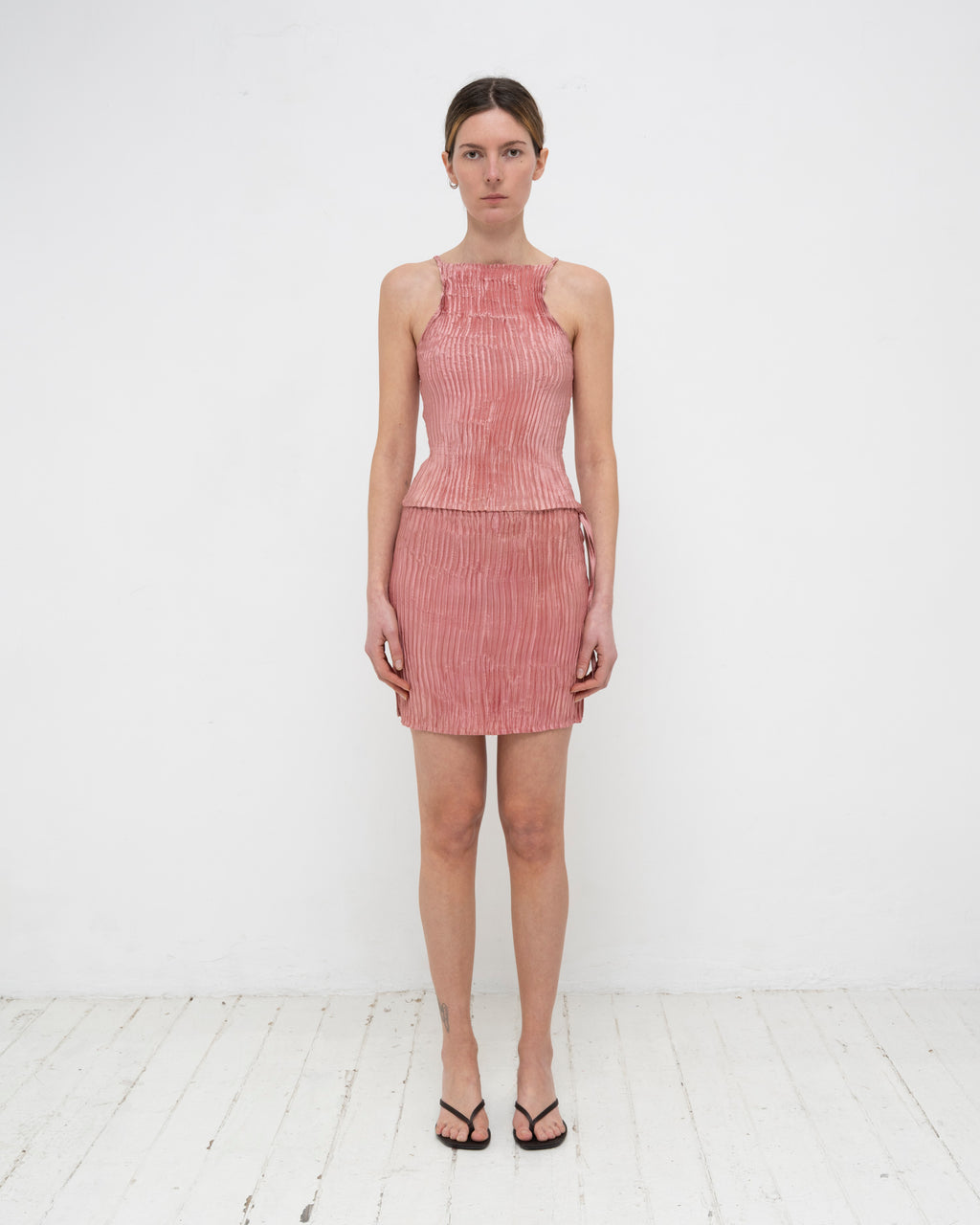 Plissé Satin Silk Cami Top and Short Skirt