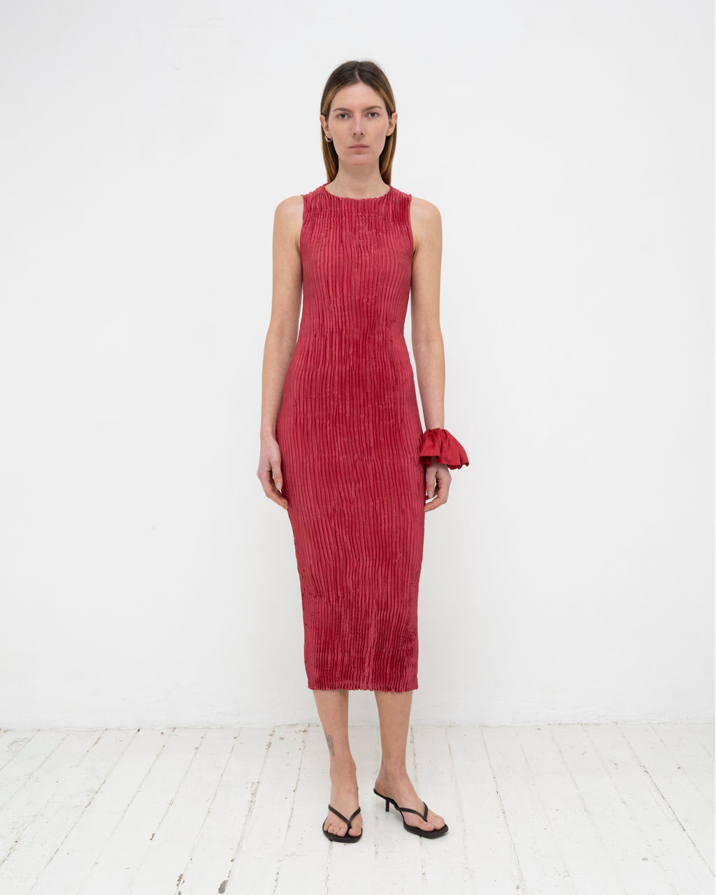 Plissé Satin Silk Tank Long Dress