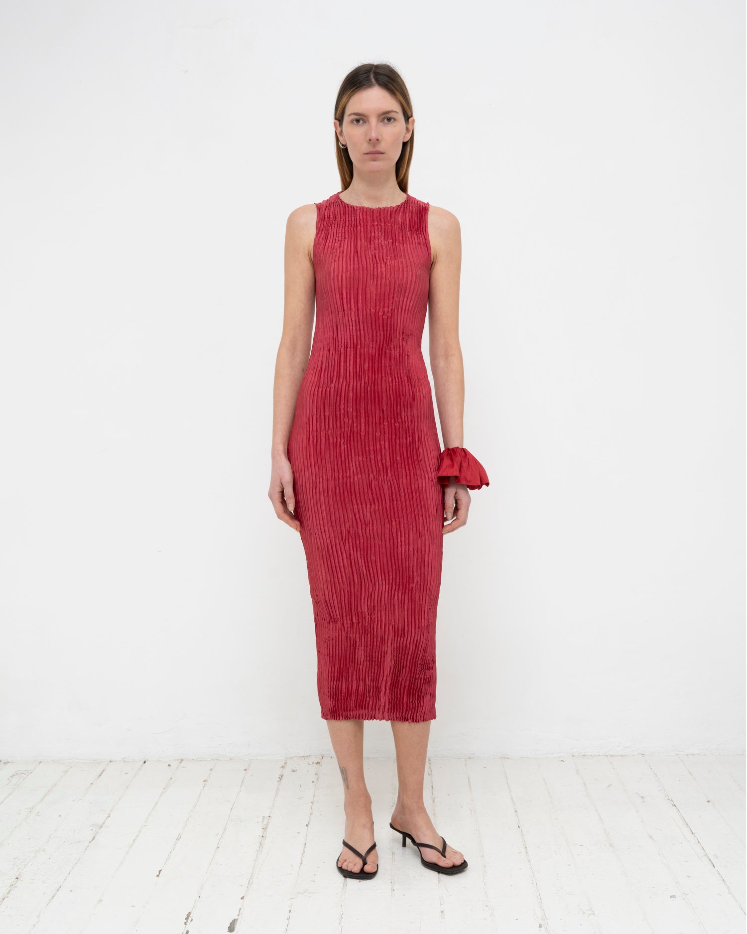 Plissé Satin Silk Tank Long Dress
