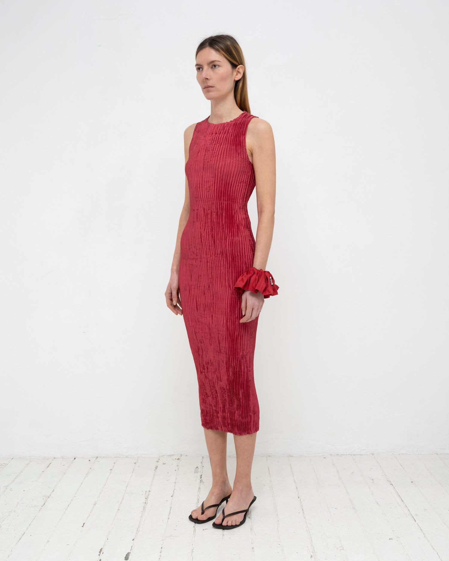 Plissé Satin Silk Tank Long Dress