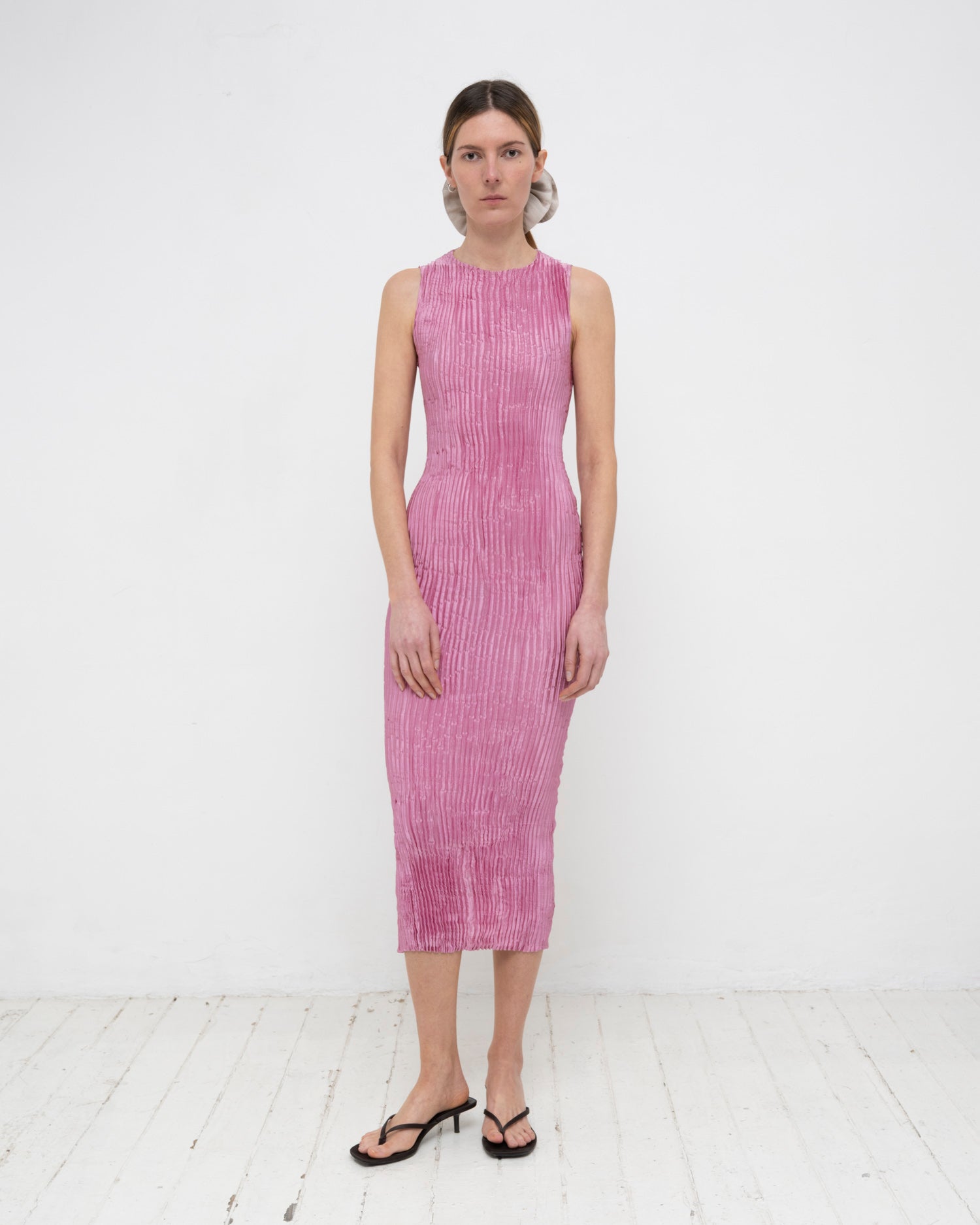 Plissé Satin Silk Tank Long Dress