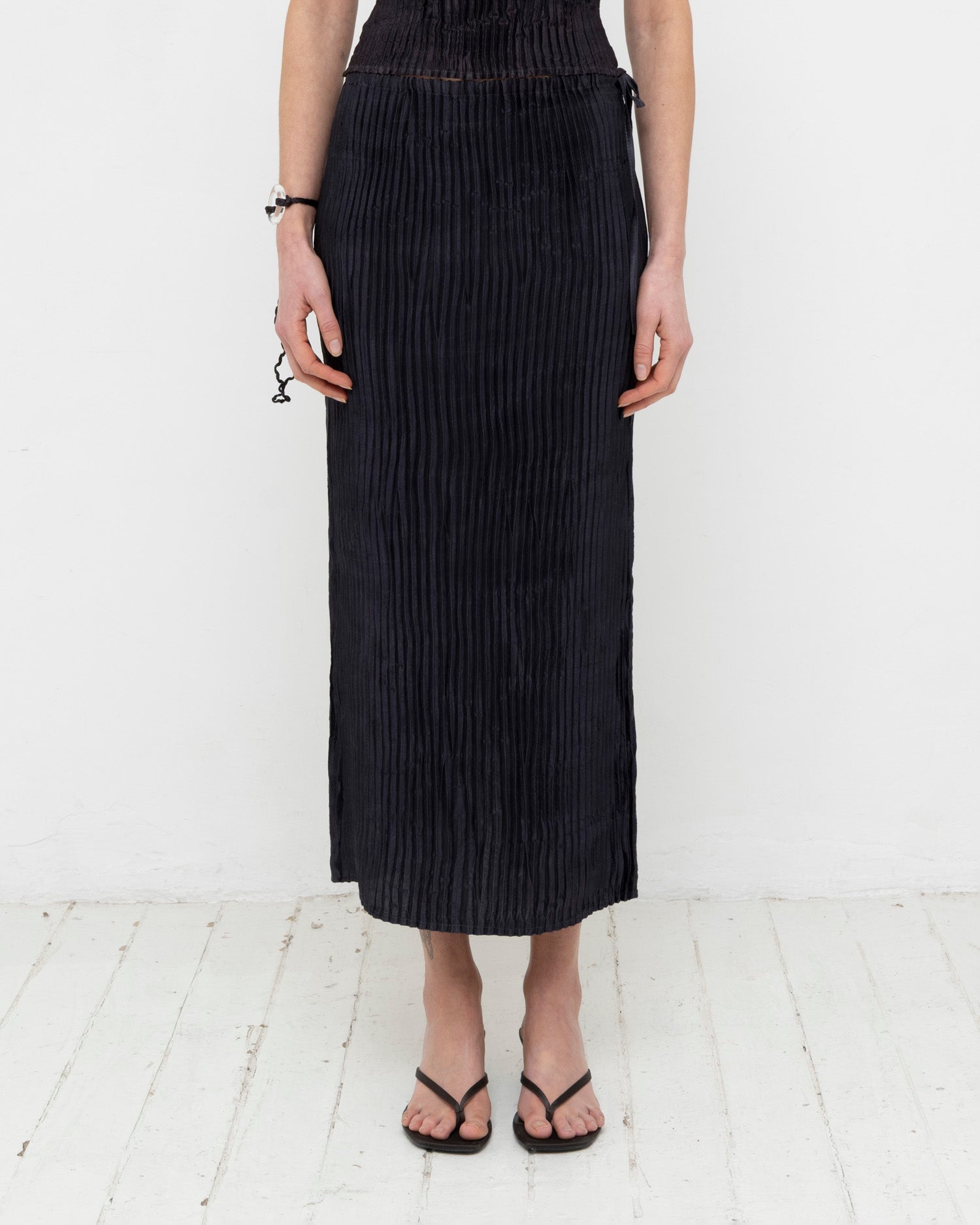 Plissé Satin Silk Long Skirt