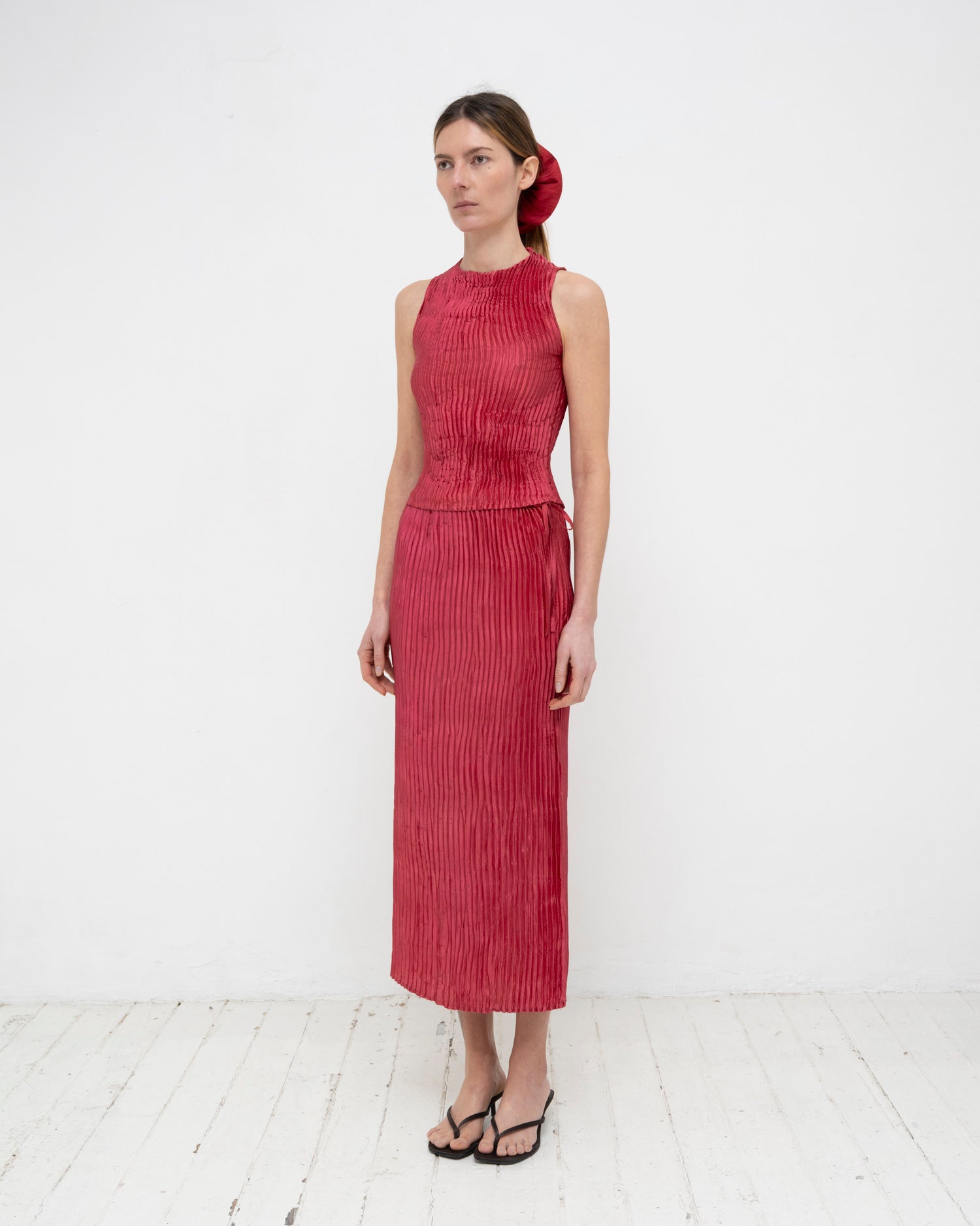 Plissé Satin Silk Long Skirt