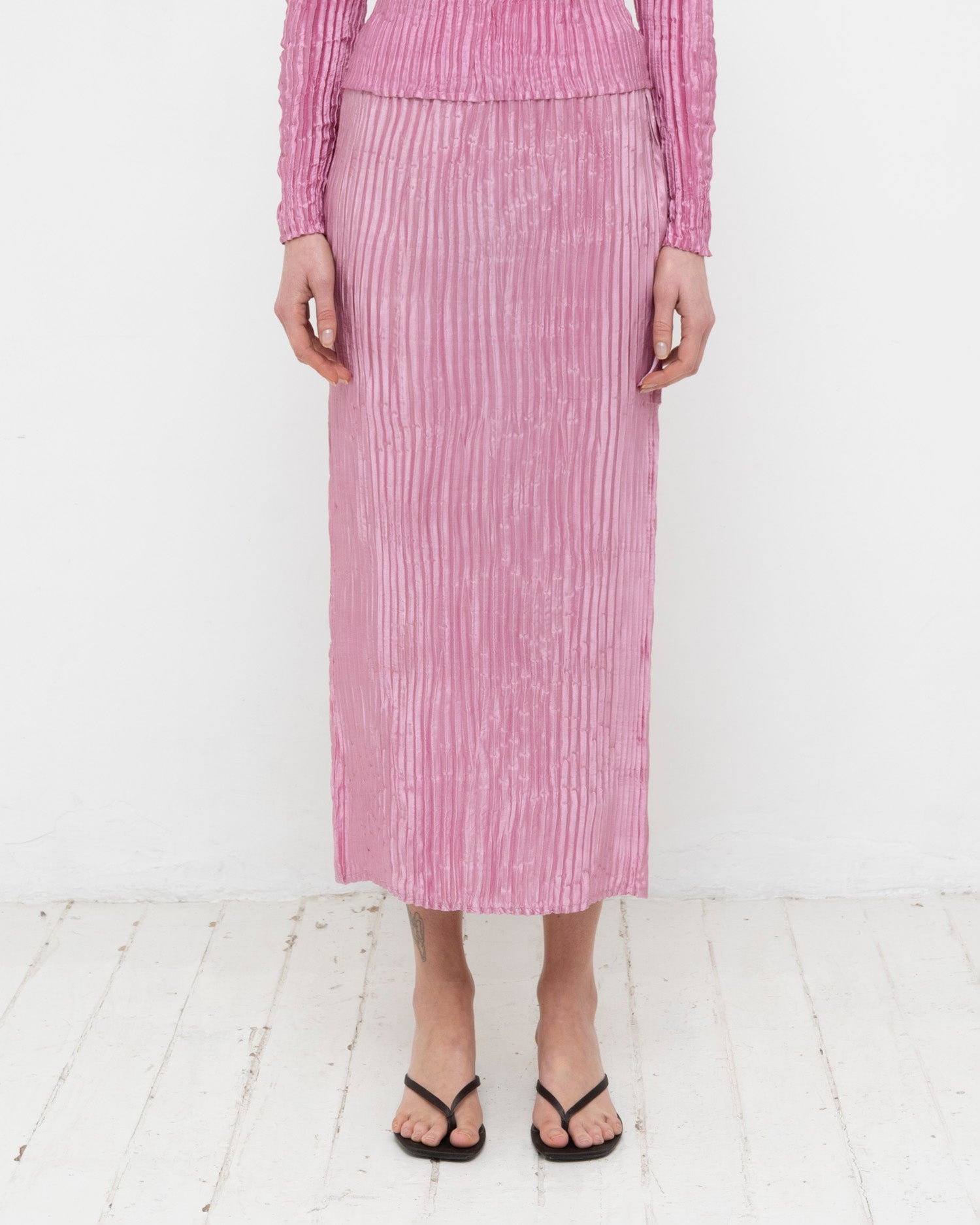 Plissé Satin Silk Long Skirt