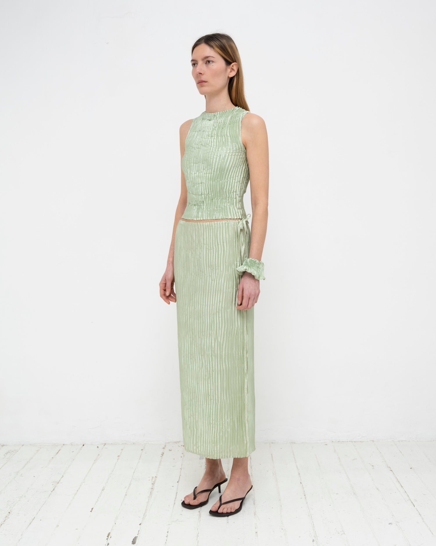 Plissé Satin Silk Long Skirt