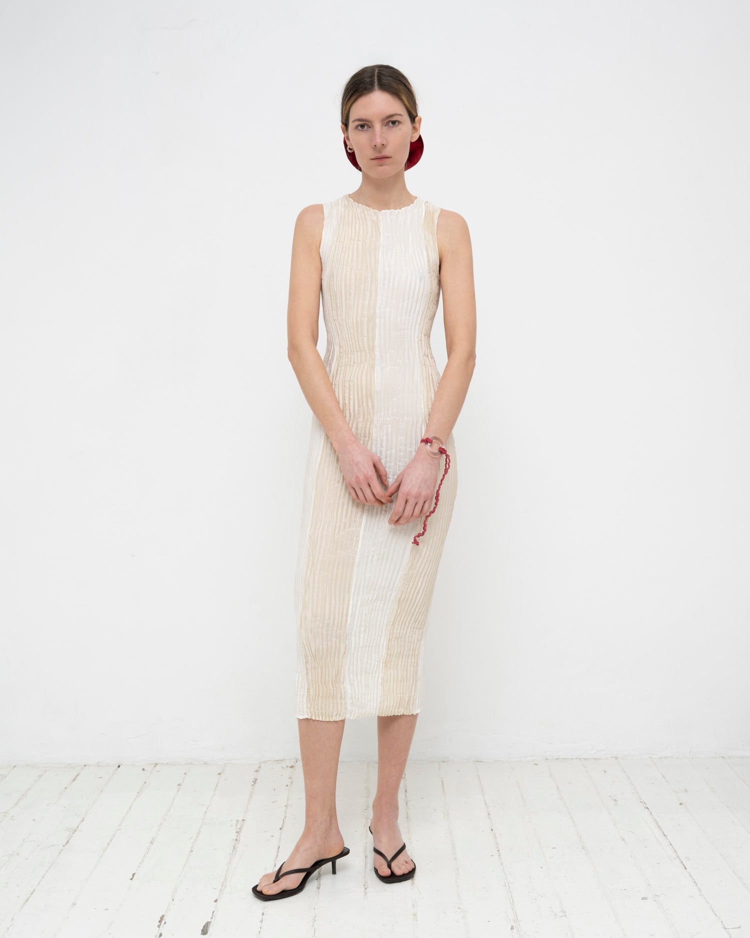 Plissé Satin Silk Striped Long Dress