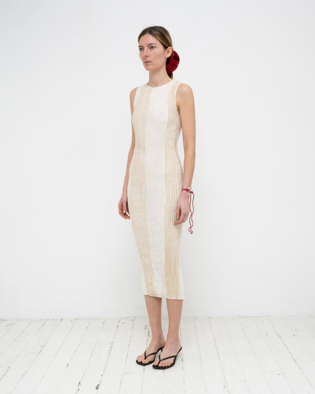 Plissé Satin Silk Striped Long Dress