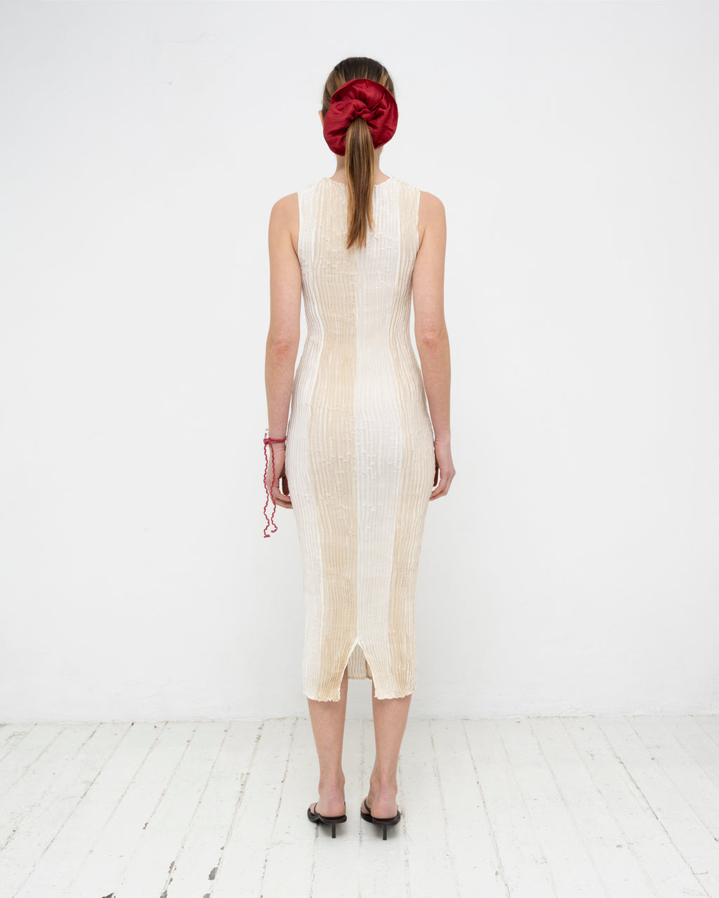 Plissé Satin Silk Striped Long Dress