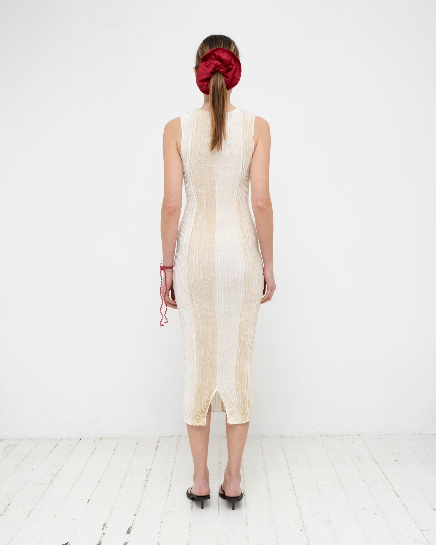 Plissé Satin Silk Striped Long Dress