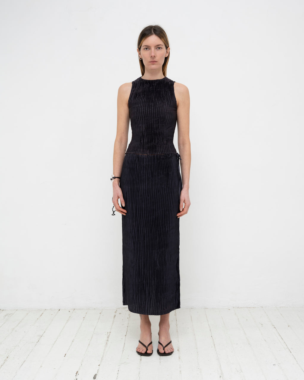 Plissé Satin Silk Tank Top and Long Skirt