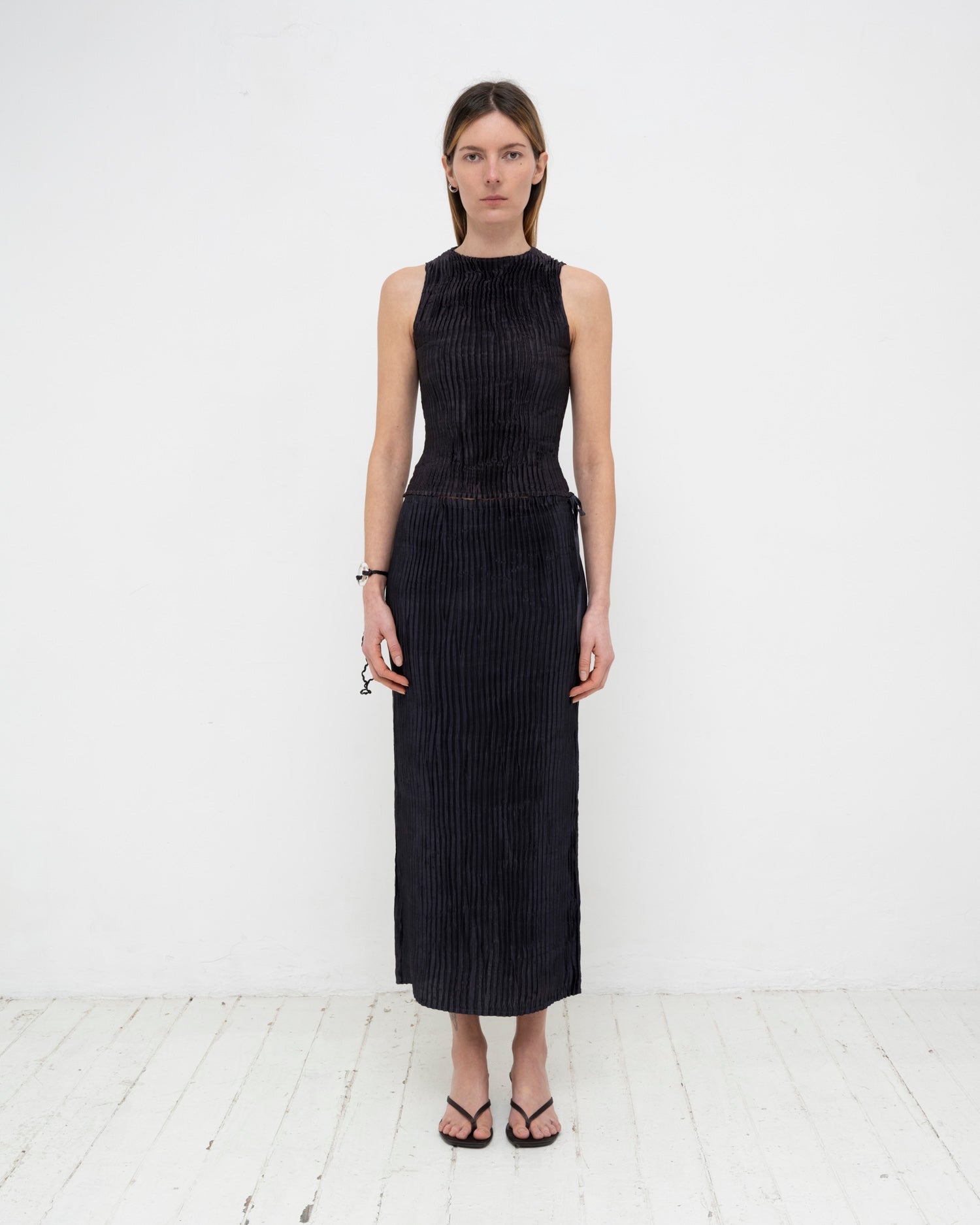 Plissé Satin Silk Tank Top and Long Skirt