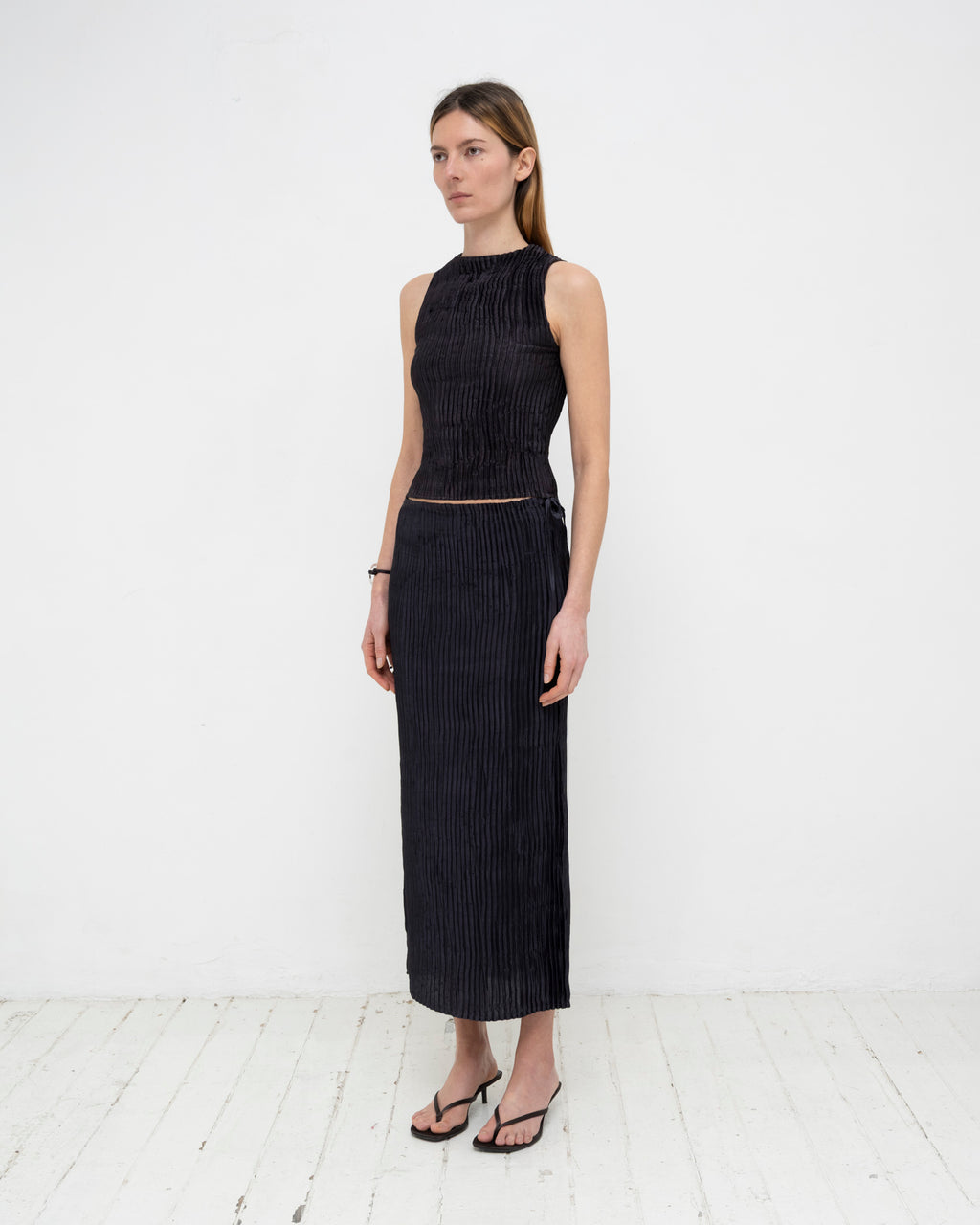 Plissé Satin Silk Tank Top and Long Skirt
