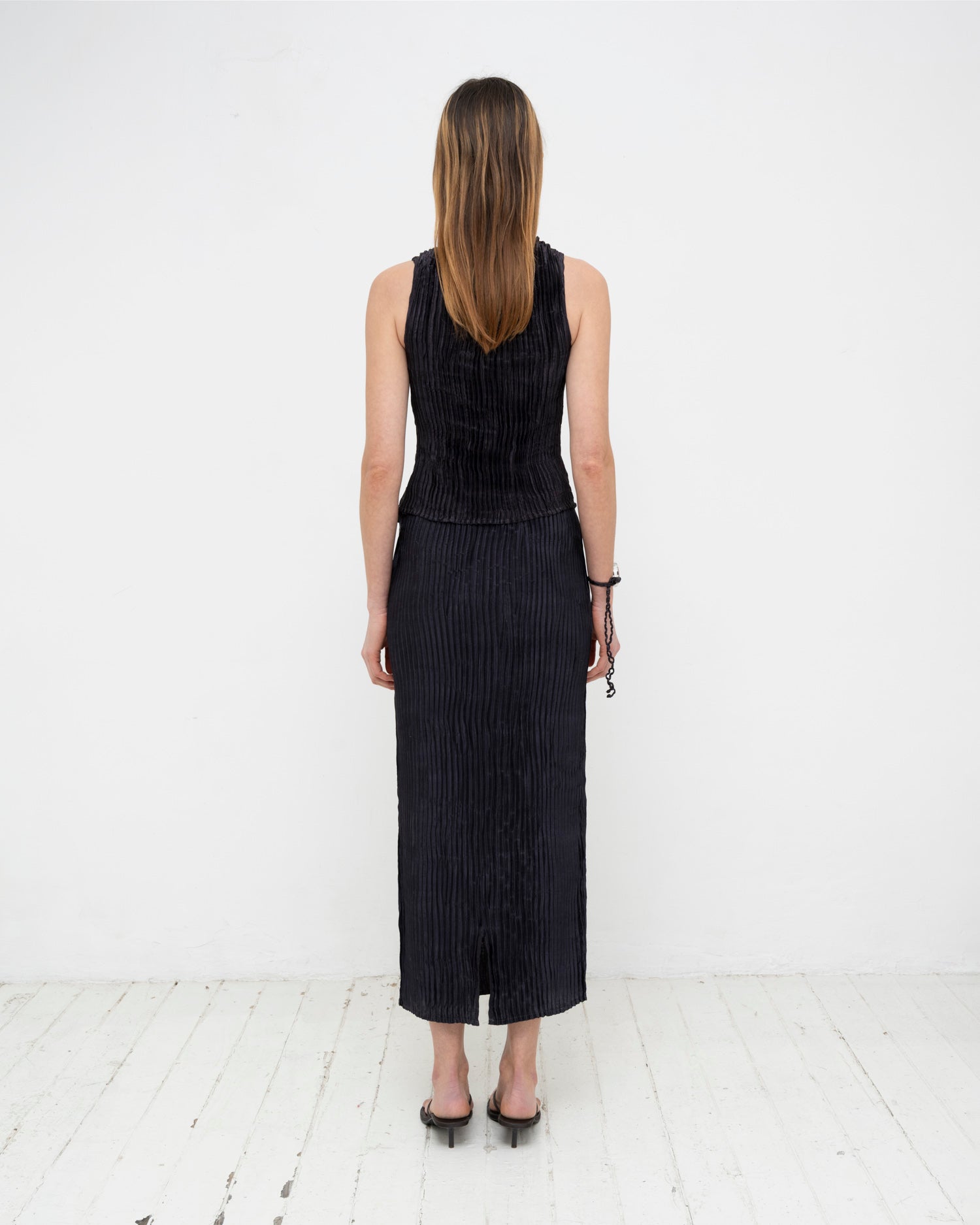 Plissé Satin Silk Tank Top and Long Skirt