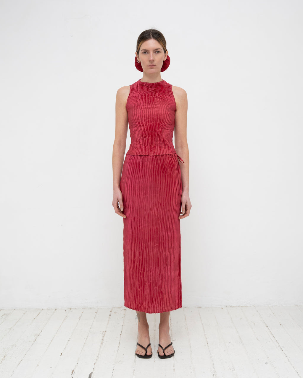 Plissé Satin Silk Tank Top and Long Skirt