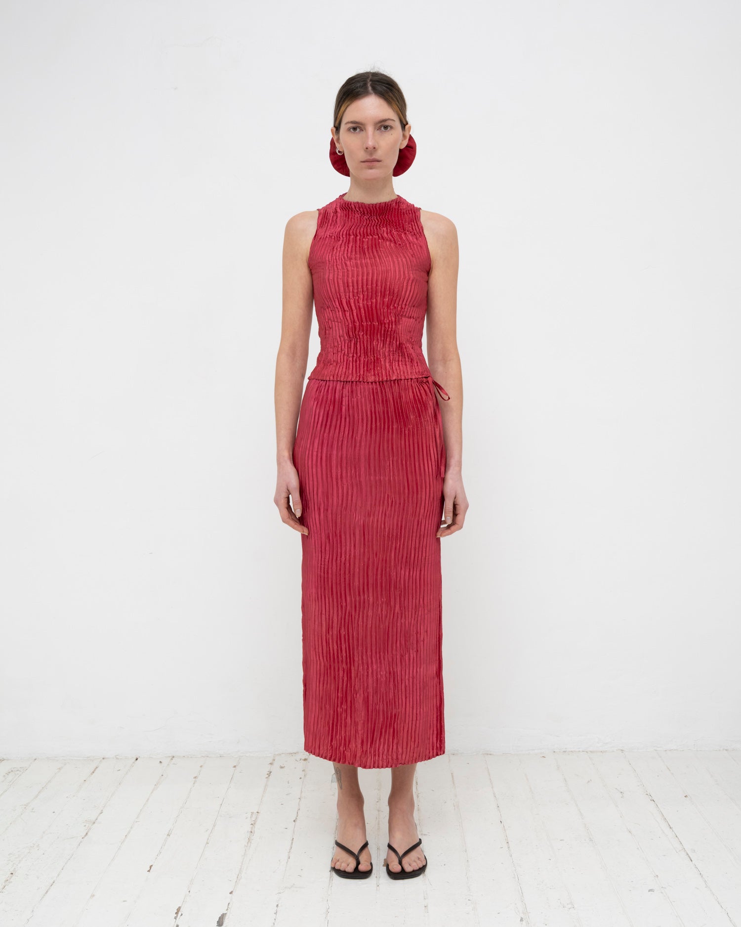 Plissé Satin Silk Tank Top and Long Skirt