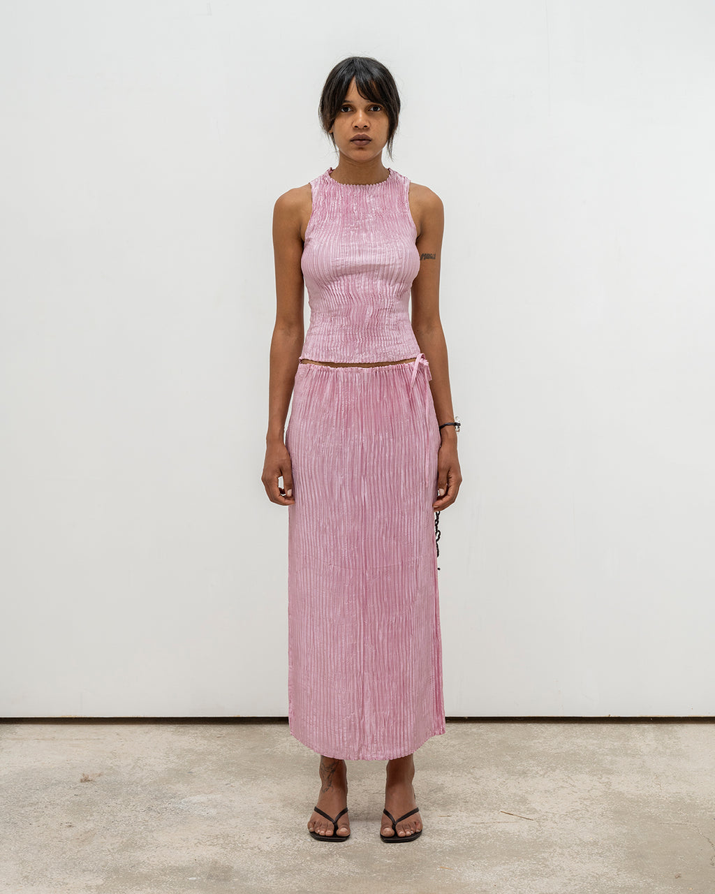 Plissé Satin Silk Tank Top and Long Skirt