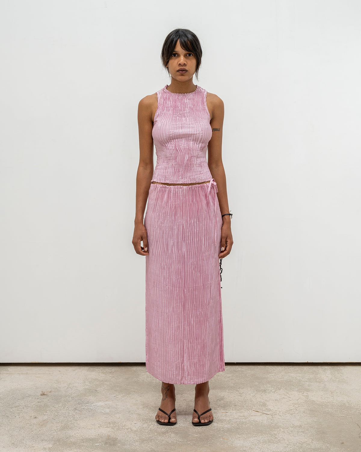 Plissé Satin Silk Tank Top and Long Skirt