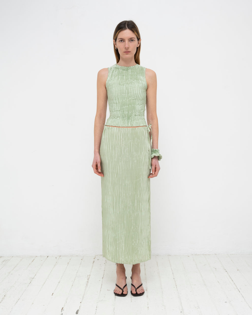 Plissé Satin Silk Tank Top and Long Skirt