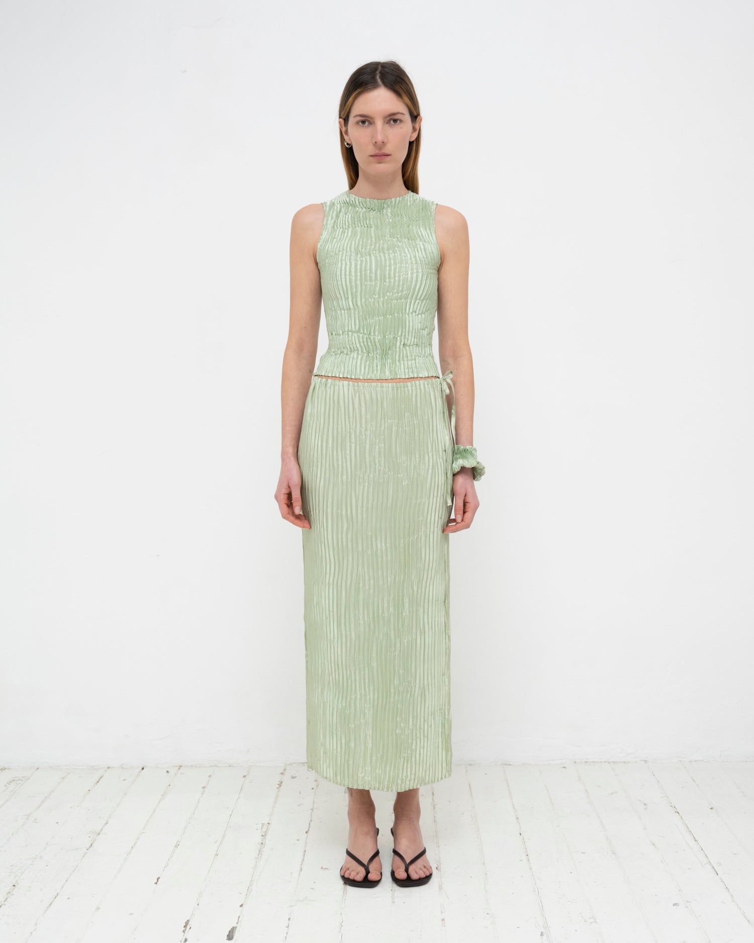 Plissé Satin Silk Tank Top and Long Skirt