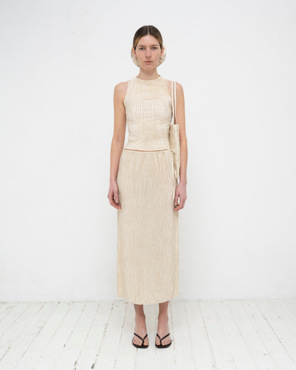 Plissé Satin Silk Tank Top and Long Skirt