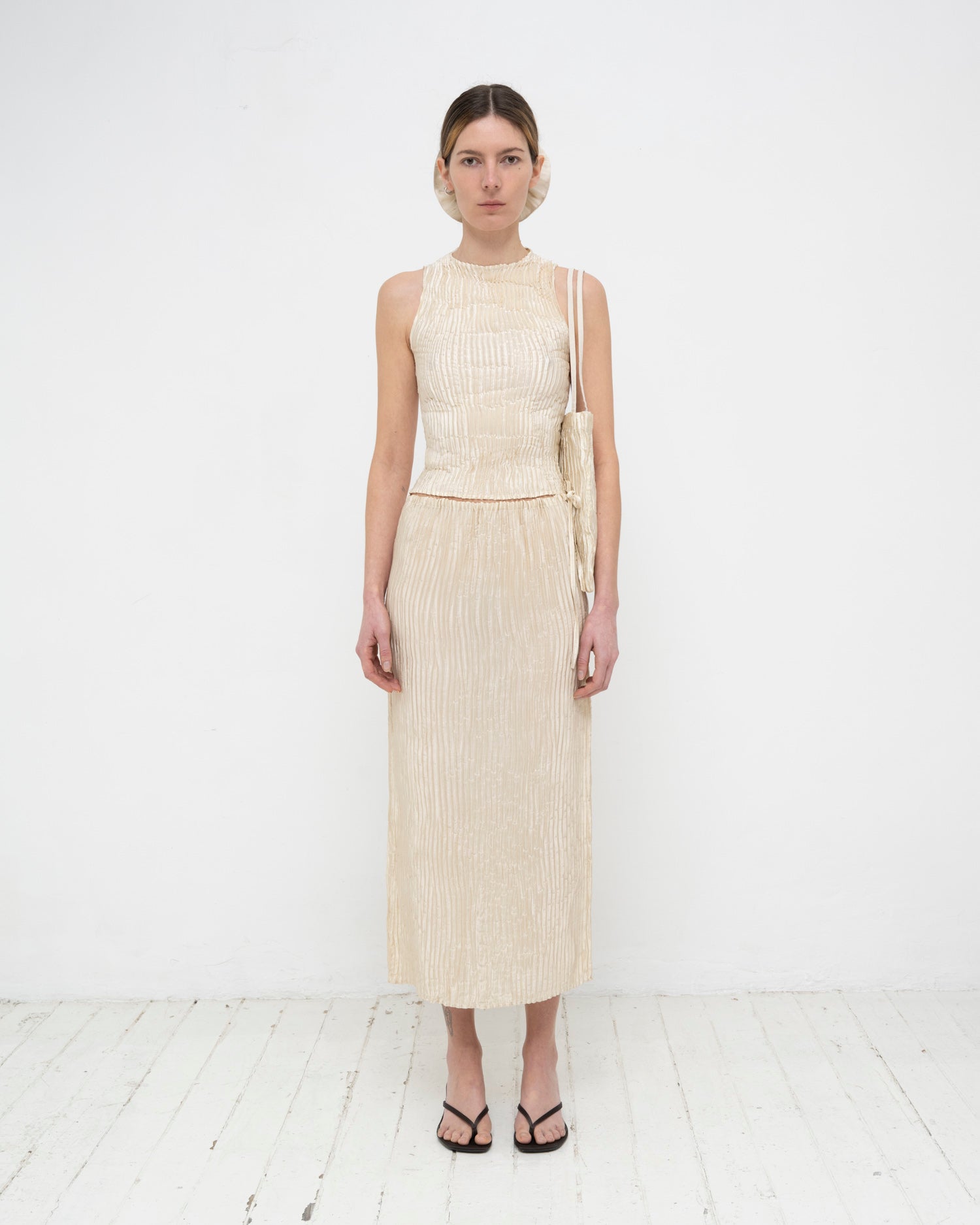 Plissé Satin Silk Tank Top and Long Skirt